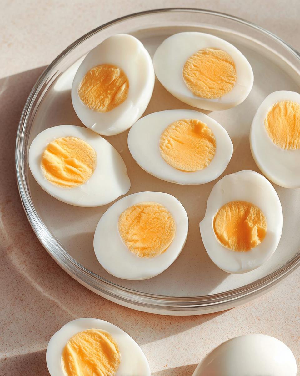A plate of perfectly hard-boiled eggs, sliced in half, showcasing their bright yellow yolks. Ideal for healthy meals recipes and meal prep.