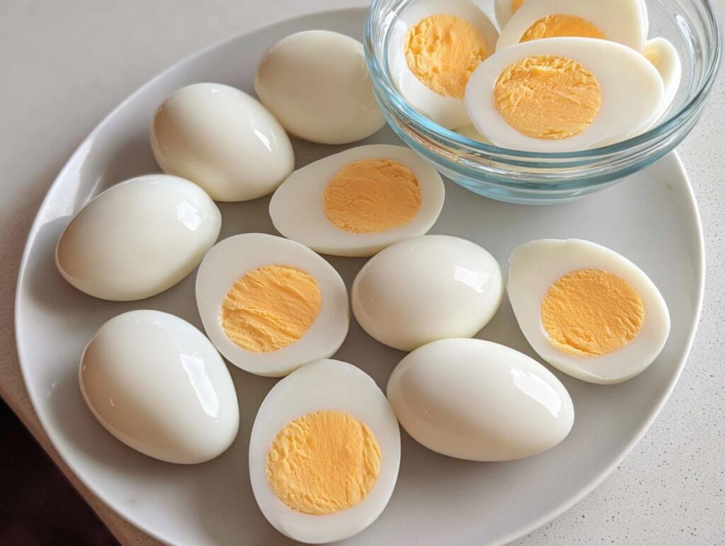 A plate and bowl filled with hard-boiled eggs, some whole and some halved, showcasing their bright yellow yolks. Perfect for Healthy Meals Recipes Meal Prep.
