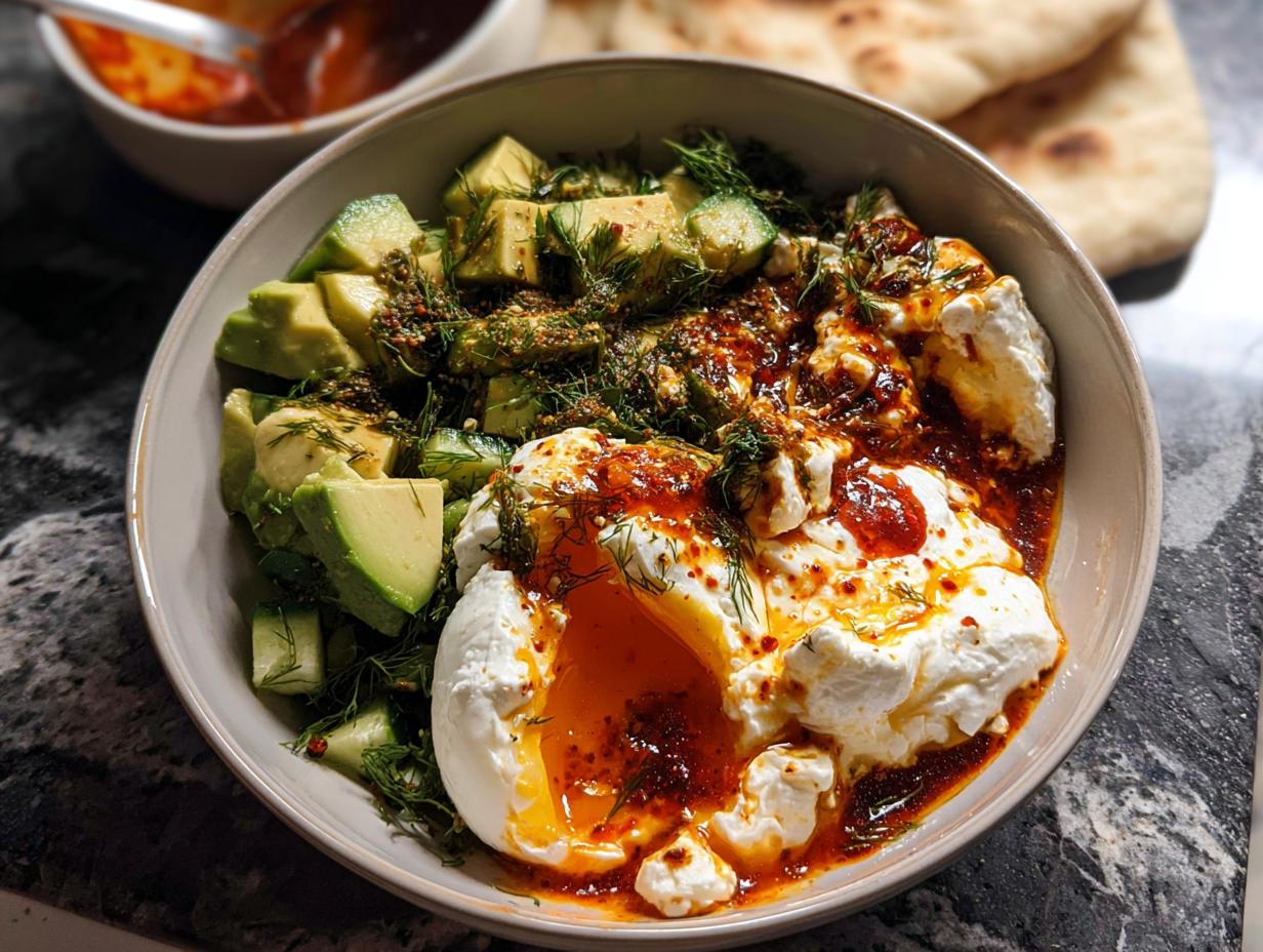 A bowl of healthy avocado and egg recipe with poached egg, feta cheese, cucumber, dill, and chili oil.