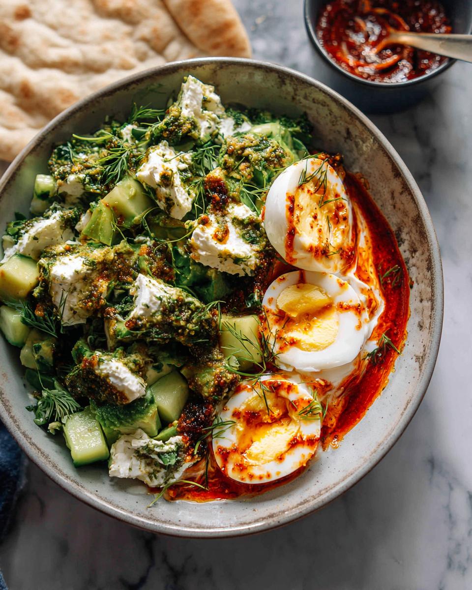 A vibrant bowl of healthy avocado salad with feta cheese, cucumber, hard-boiled eggs, and a drizzle of chili oil.