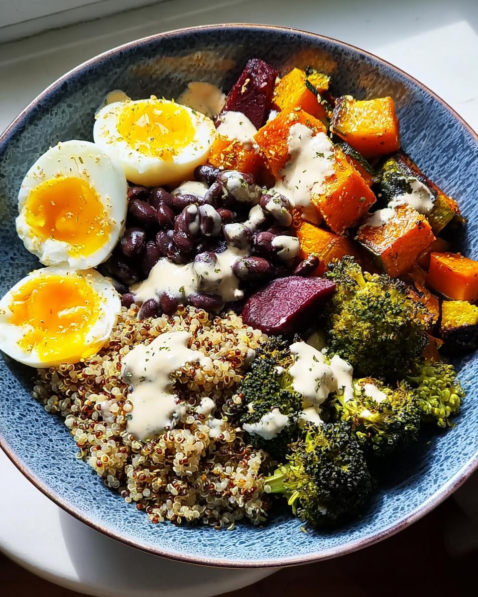 A vibrant bowl filled with quinoa, black beans, roasted vegetables, and soft-boiled eggs, drizzled with a creamy sauce. A perfect example of healthy breakfast ideas.