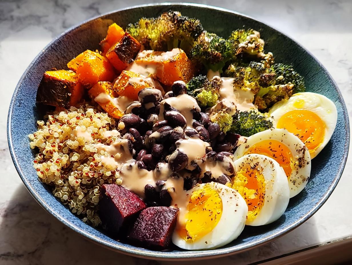 A vibrant breakfast bowl featuring quinoa, black beans, roasted butternut squash, broccoli, beets, and halved hard-boiled eggs, drizzled with dressing.