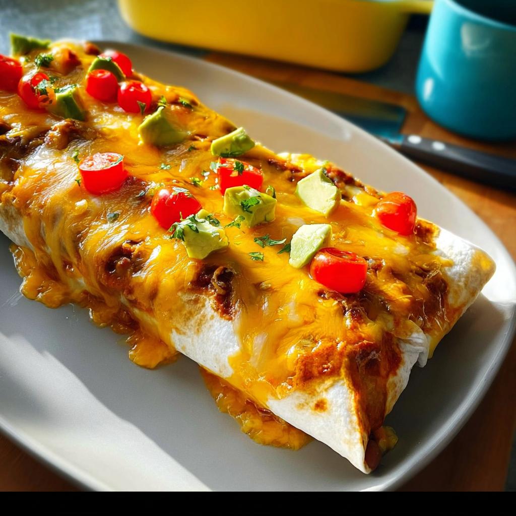 A delicious and healthy burrito topped with melted cheese, cherry tomatoes, avocado, and cilantro, part of 25-Ingredient Healthy Meals Recipes.