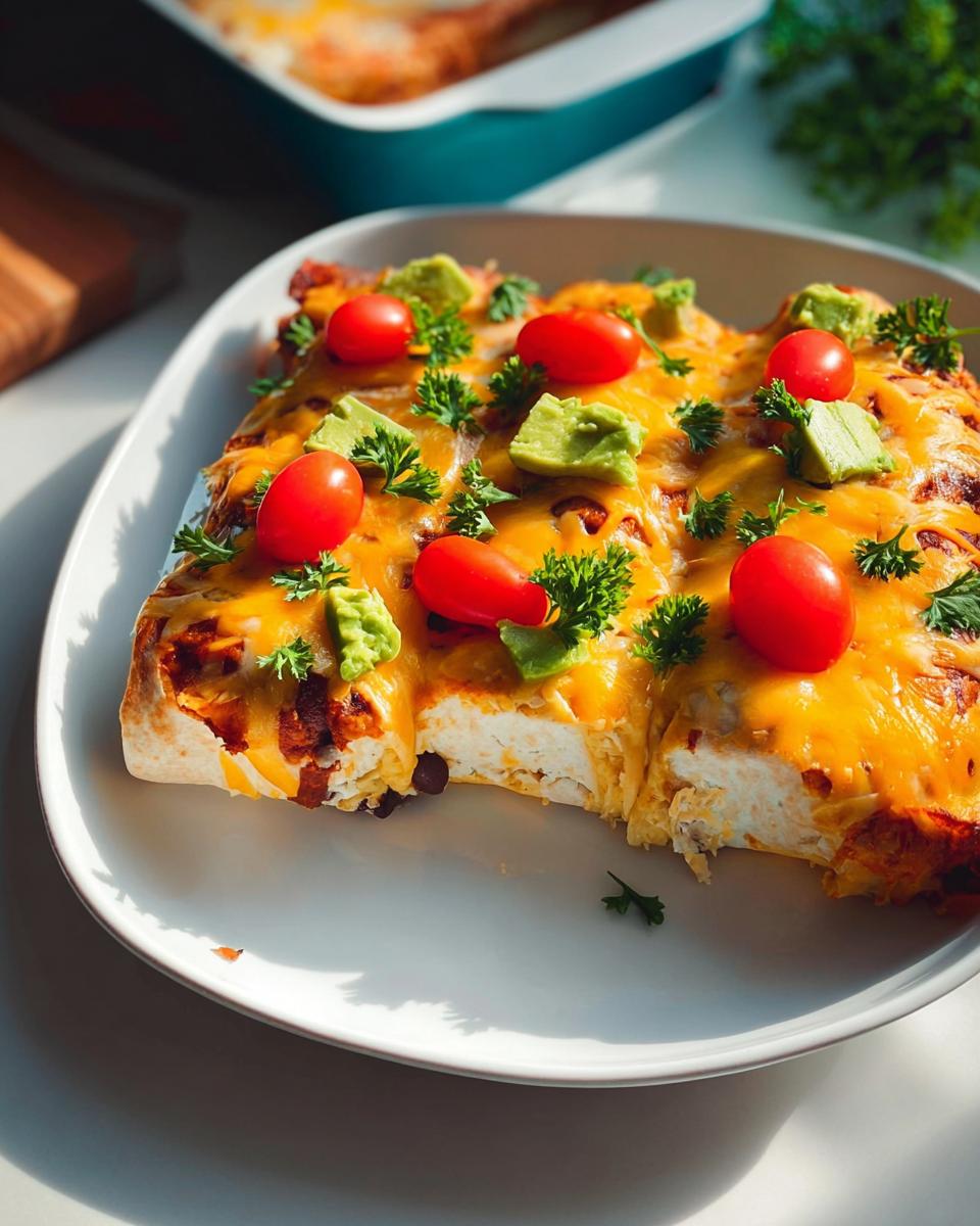 Close-up of healthy enchiladas topped with melted cheese, avocado, cherry tomatoes, and parsley, part of 25-Ingredient Healthy Meals Recipes.
