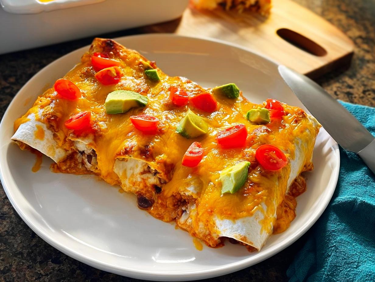 Three healthy enchiladas topped with melted cheese, cherry tomatoes, and avocado, part of 25-Ingredient Healthy Meals Recipes.