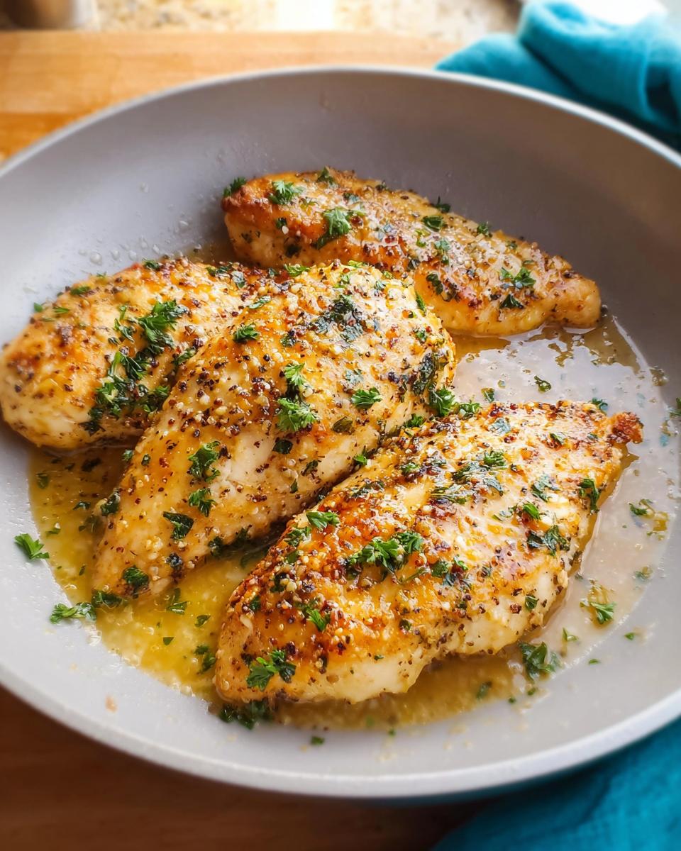 Four juicy garlic herb chicken breasts seasoned with herbs and spices, served in a light sauce.
