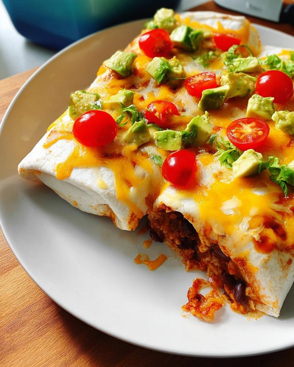 Close-up of cheesy bean burritos topped with diced avocado and cherry tomatoes, part of 25-Ingredient Healthy Meals Recipes.