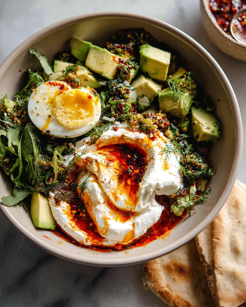 A healthy meal recipe featuring a bowl of avocado, a soft-boiled egg, creamy yogurt, and chili oil.
