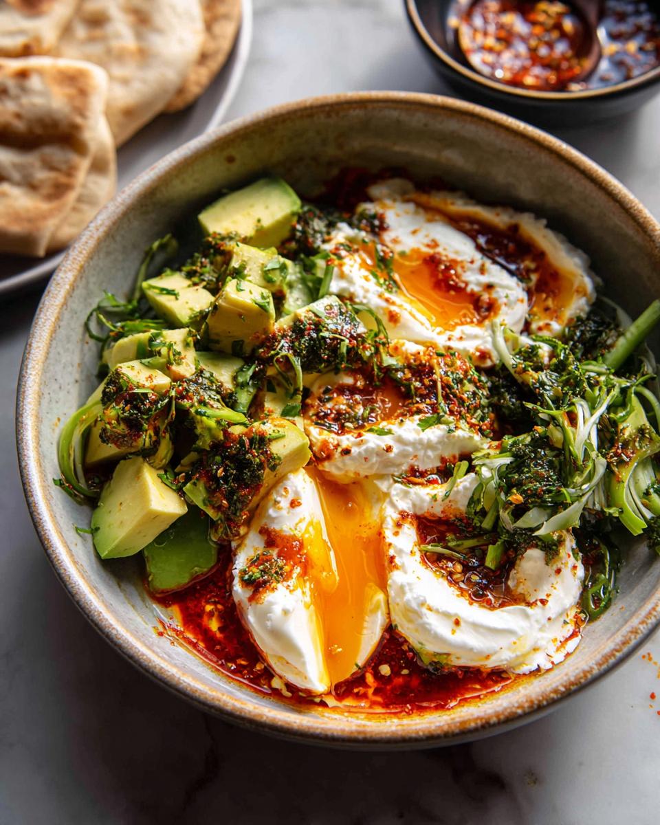 A bowl of healthy meals featuring poached eggs, avocado, and greens, drizzled with chili oil.