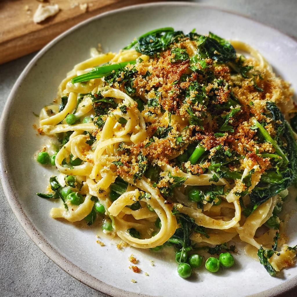 A close-up of a healthy pasta dish with peas, greens, and breadcrumbs, perfect for 20-minute healthy meals recipes.