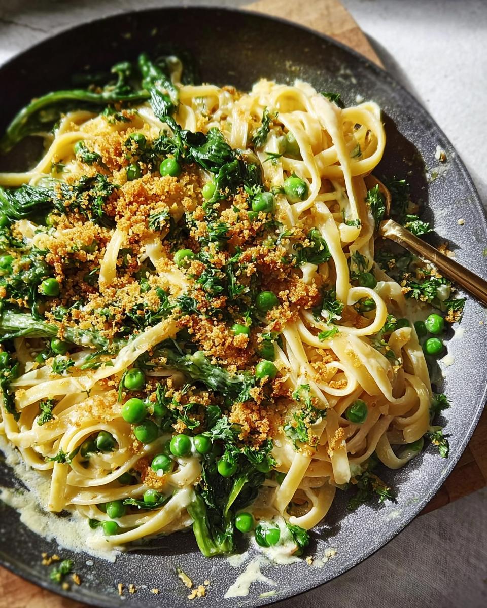 A close-up of a healthy meal recipe: creamy fettuccine pasta with fresh peas, wilted greens, and a sprinkle of toasted breadcrumbs.