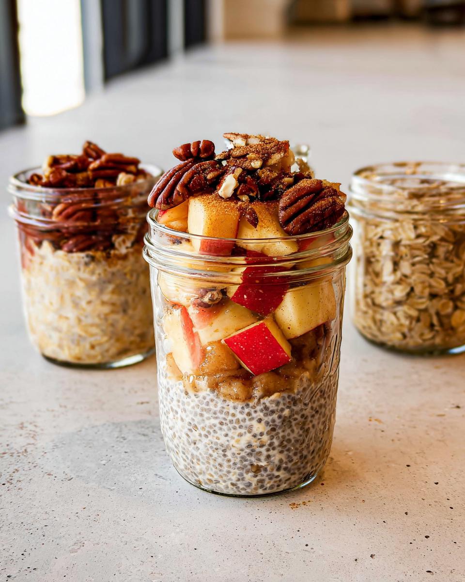 Overnight oats in mason jars, topped with apples and pecans, showcasing healthy meals recipes.