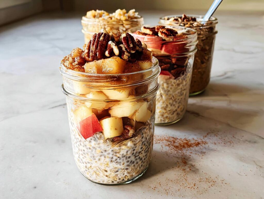 Three jars filled with overnight oats, topped with apples, pecans, and cinnamon, showcasing healthy meals recipes.