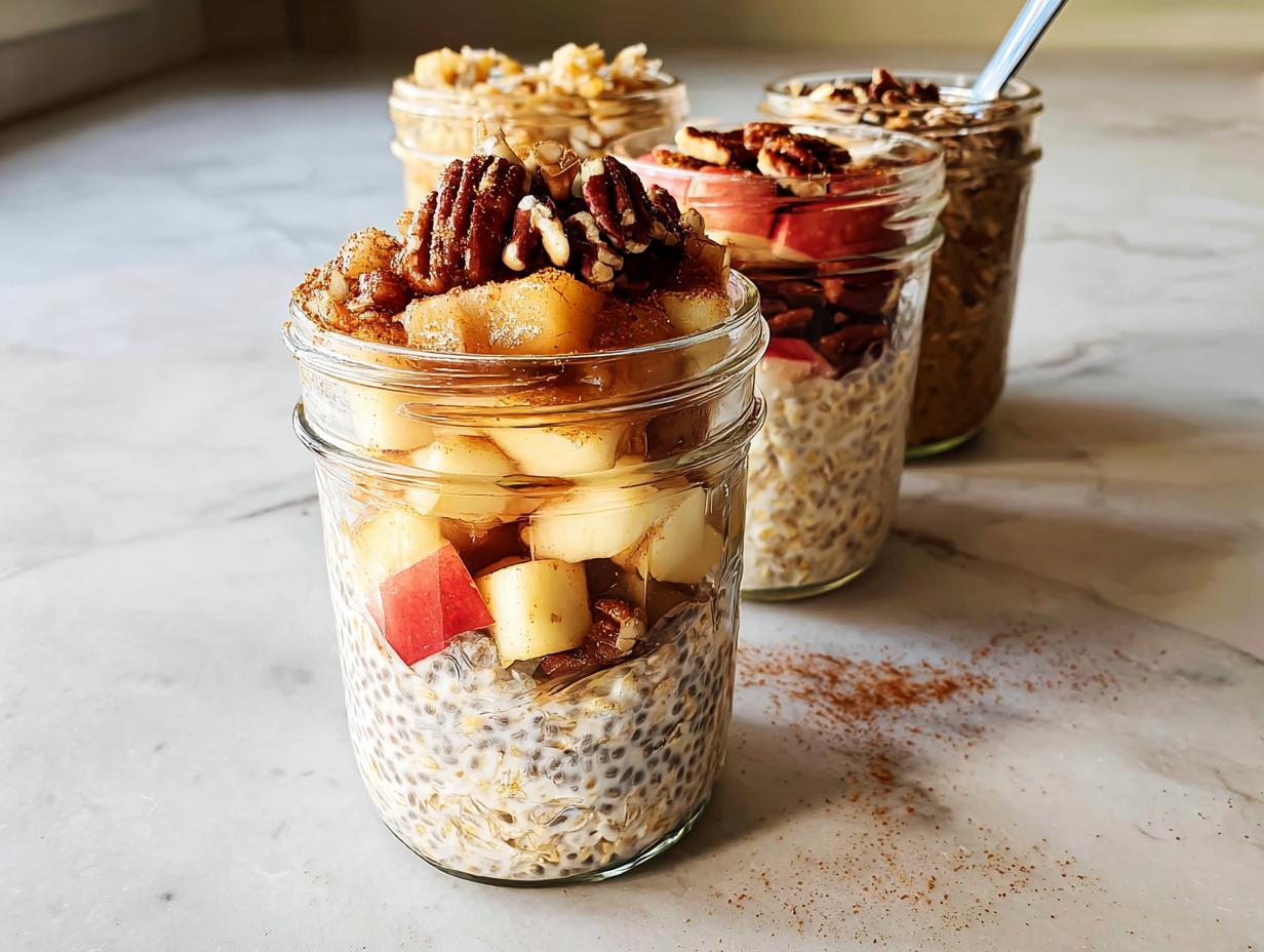 Three jars filled with overnight oats, topped with apples, pecans, and cinnamon, showcasing healthy meals recipes.