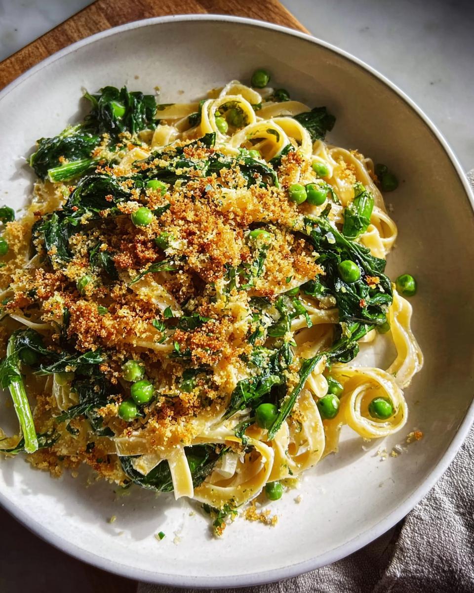 A bowl of fettuccine pasta with fresh peas, wilted greens, and toasted breadcrumbs, perfect for healthy meals recipes in 20 minutes.