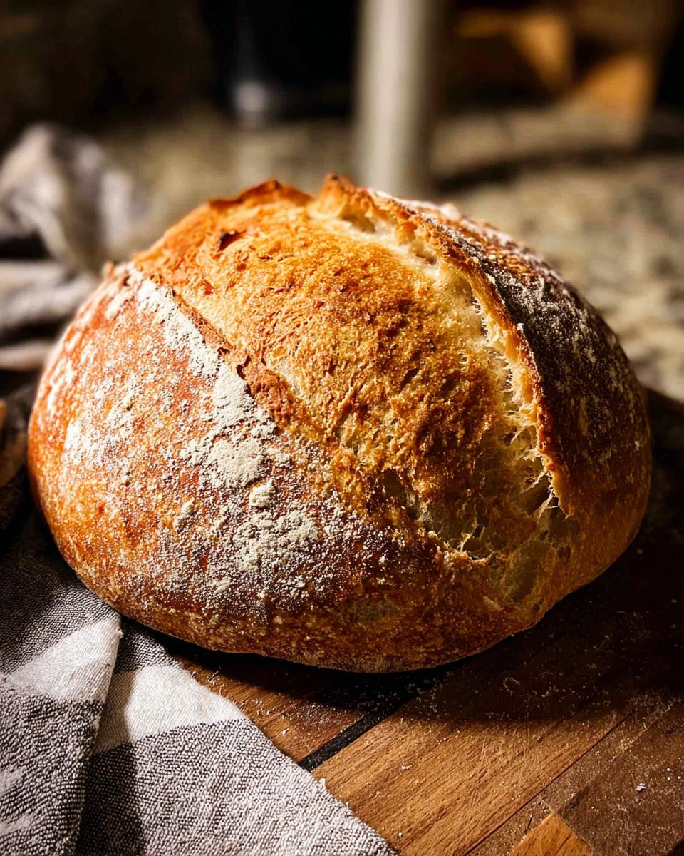 A golden-brown, crusty loaf of sourdough bread, dusted with flour, on a wooden board. Part of healthy meals recipes.