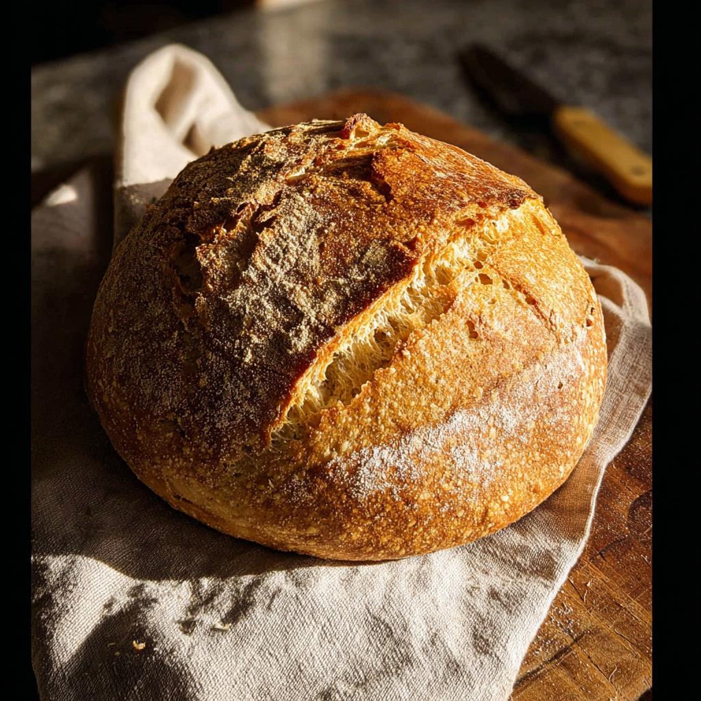 A golden-brown, crusty loaf of sourdough bread sits on a linen cloth, perfect for healthy meals recipes.