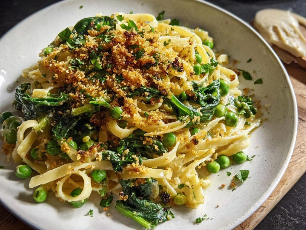 A close-up of a healthy pasta dish with fettuccine, peas, spinach, and toasted breadcrumbs, perfect for quick weeknight meals.