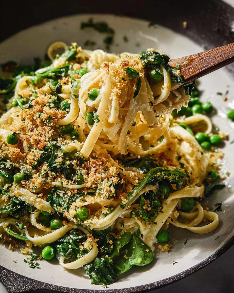 A close-up of a healthy pasta dish with peas, spinach, and toasted breadcrumbs, perfect for 20 minute healthy meals recipes.