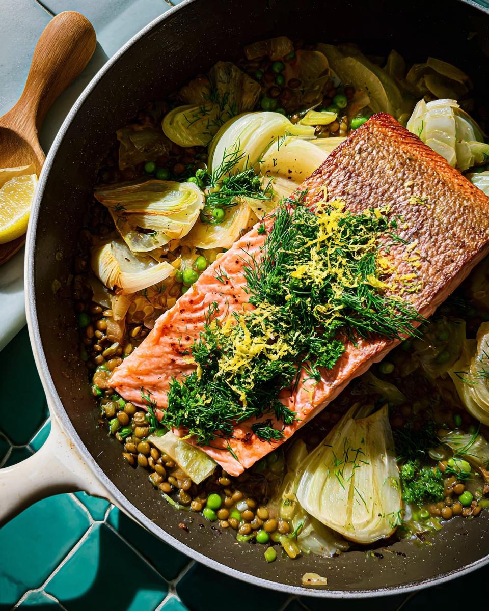 A close-up of a one-pan healthy meal featuring a salmon fillet over lentils, fennel, and peas, garnished with dill and lemon zest.