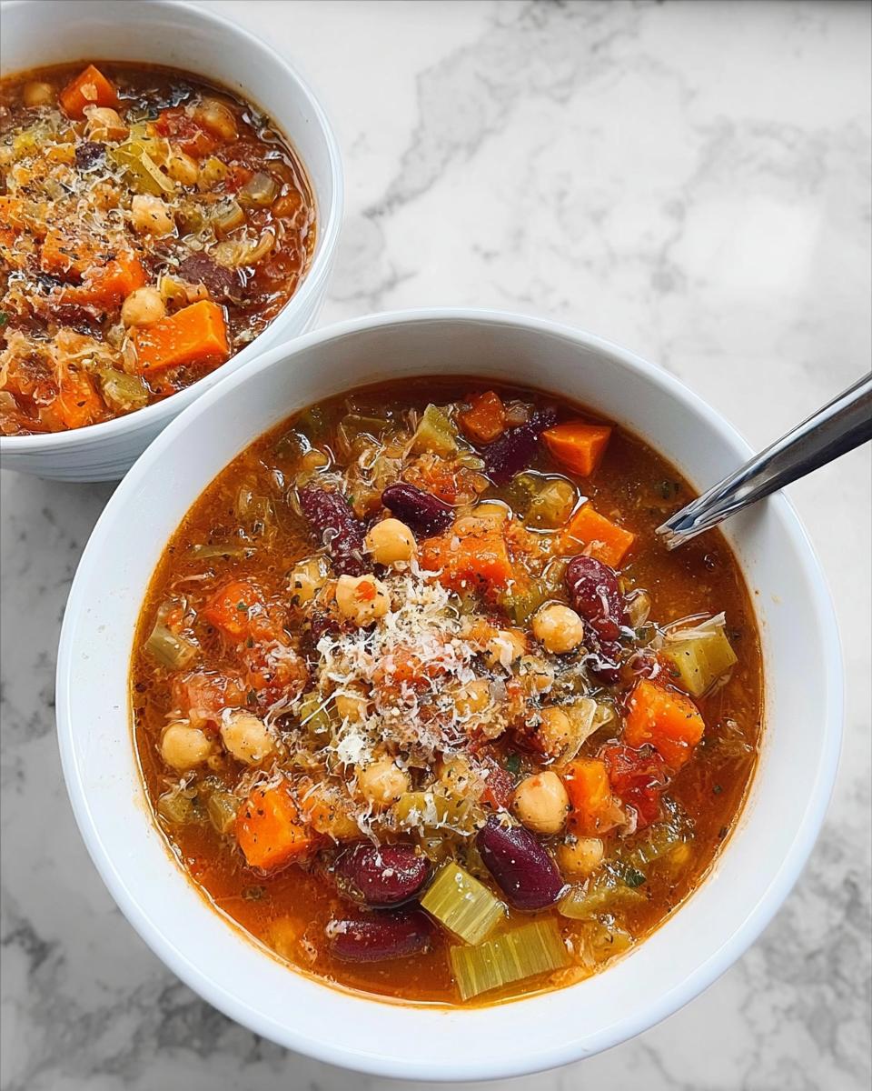 Close-up of a bowl of hearty soup recipes, filled with vegetables, beans, and topped with cheese.