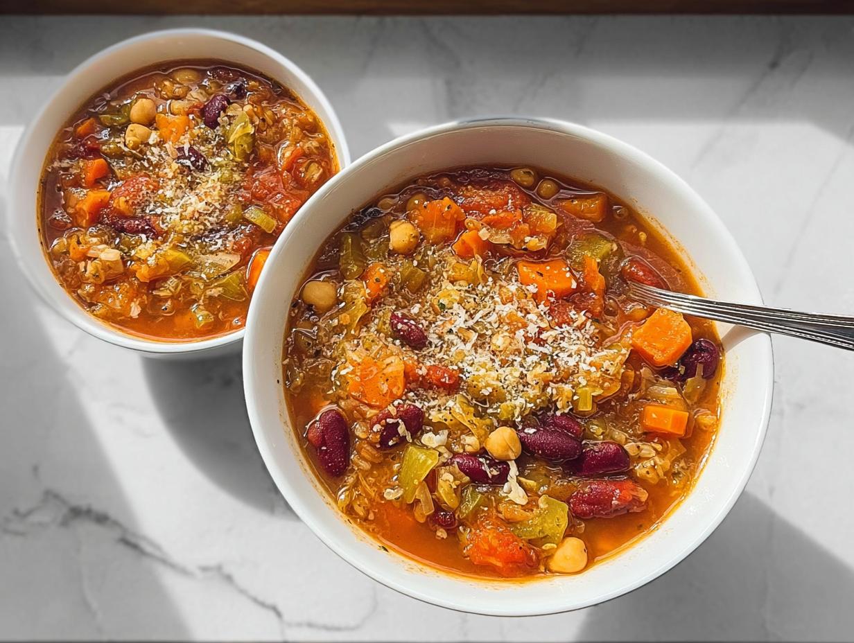 Two white bowls filled with hearty soup recipes, featuring vegetables like carrots, beans, and chickpeas, topped with grated cheese.