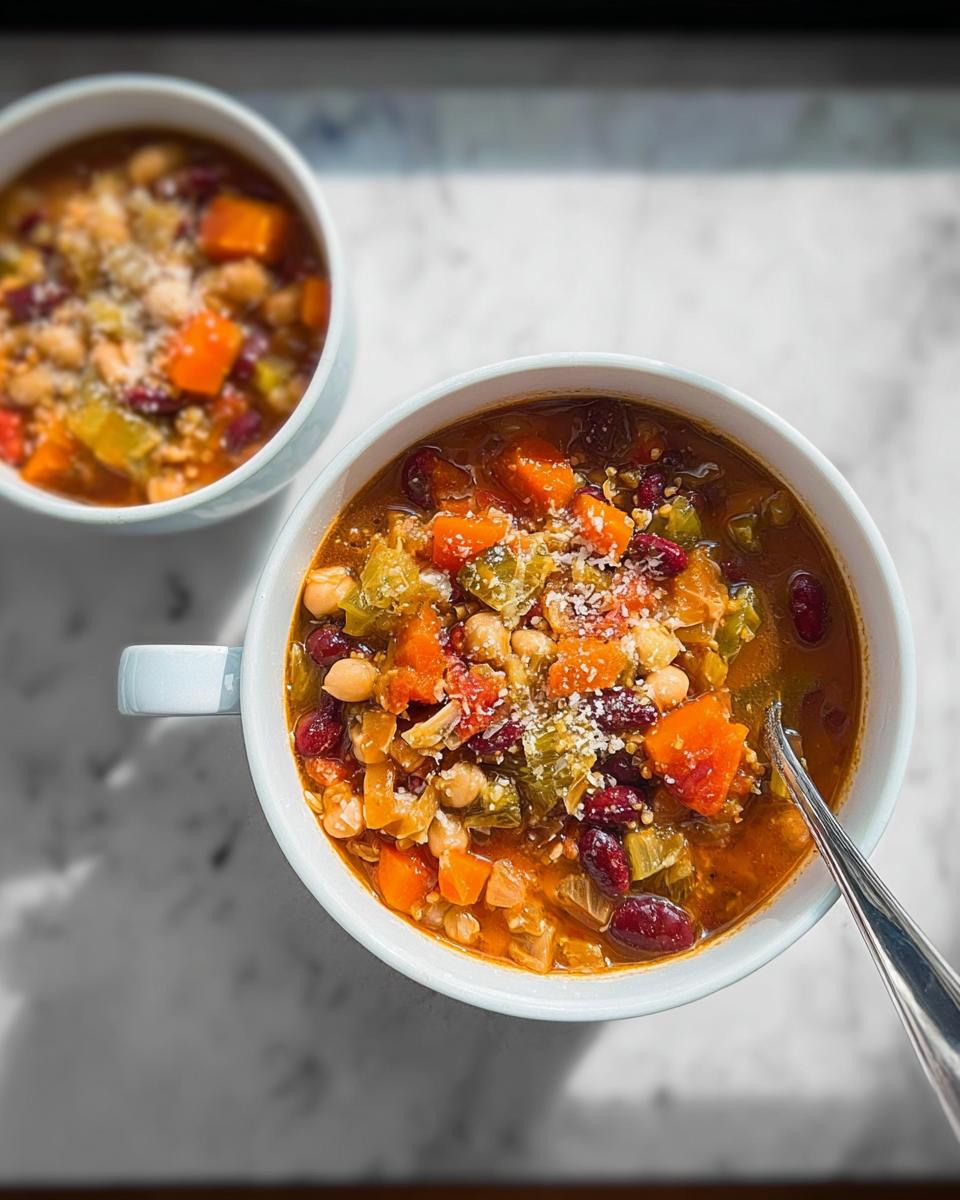 Two bowls of hearty soup recipes filled with vegetables, beans, and topped with cheese.