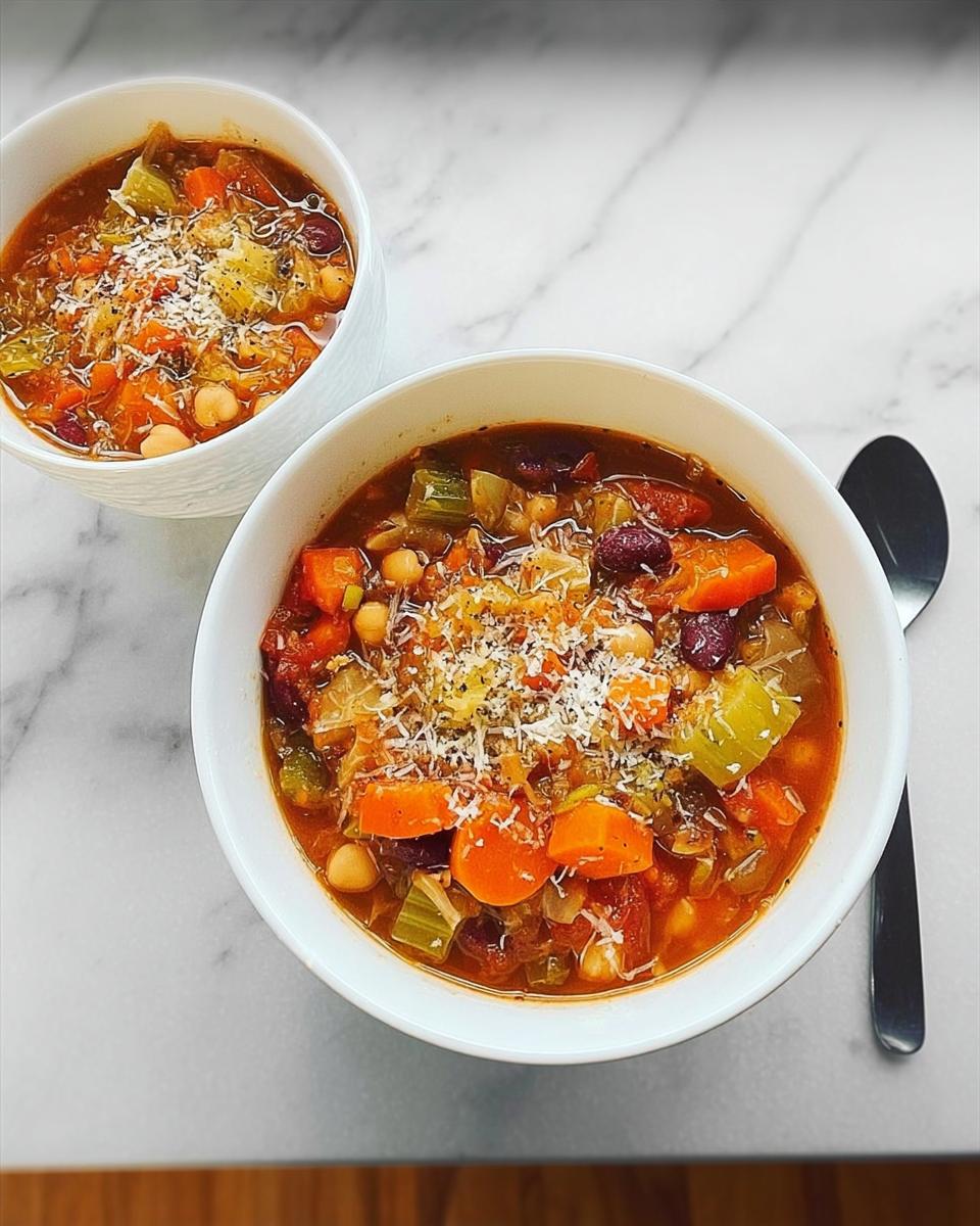 Two bowls of hearty soup recipes filled with vegetables like carrots, celery, chickpeas, and beans, topped with grated cheese.