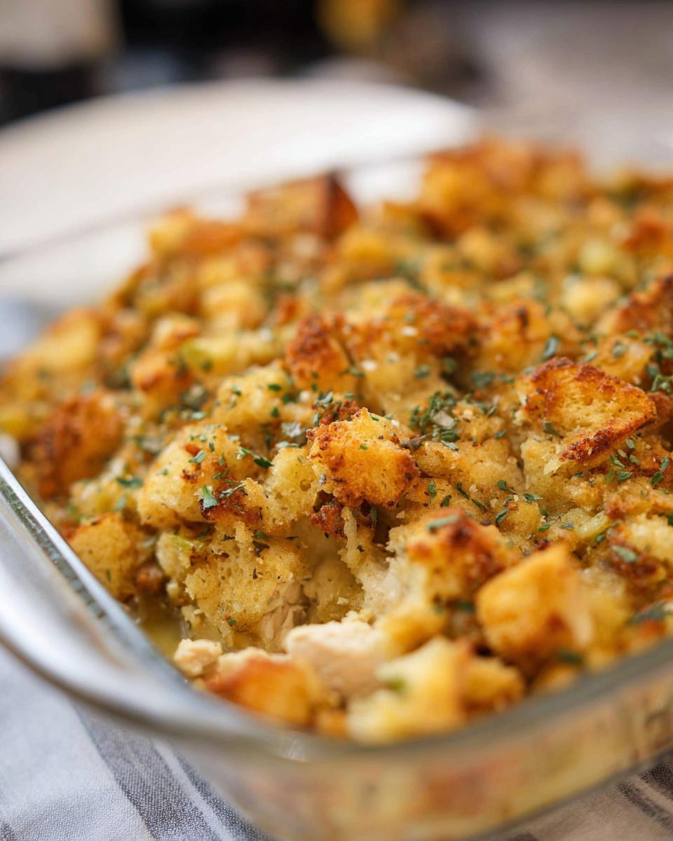 Close-up of a golden-brown stuffing recipe in a glass baking dish, topped with fresh parsley.
