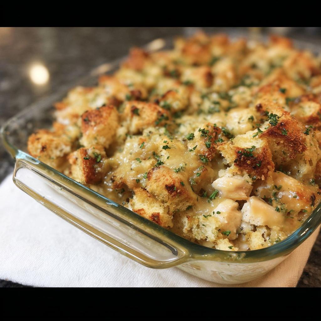 A close-up of a baked stuffing recipe casserole with chunks of chicken and a creamy sauce, topped with toasted bread cubes and parsley.