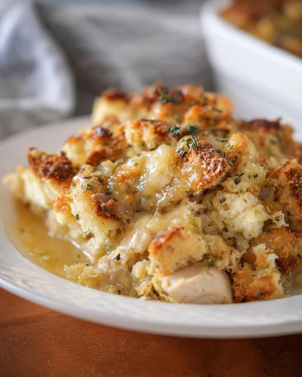 A close-up of a hearty stuffing recipe casserole slice on a white plate, featuring chunks of bread and gravy.