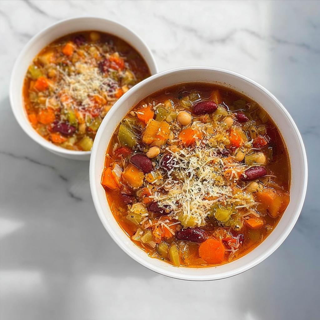 Two bowls of hearty vegetable soup recipes, filled with beans, carrots, celery, and topped with grated cheese.