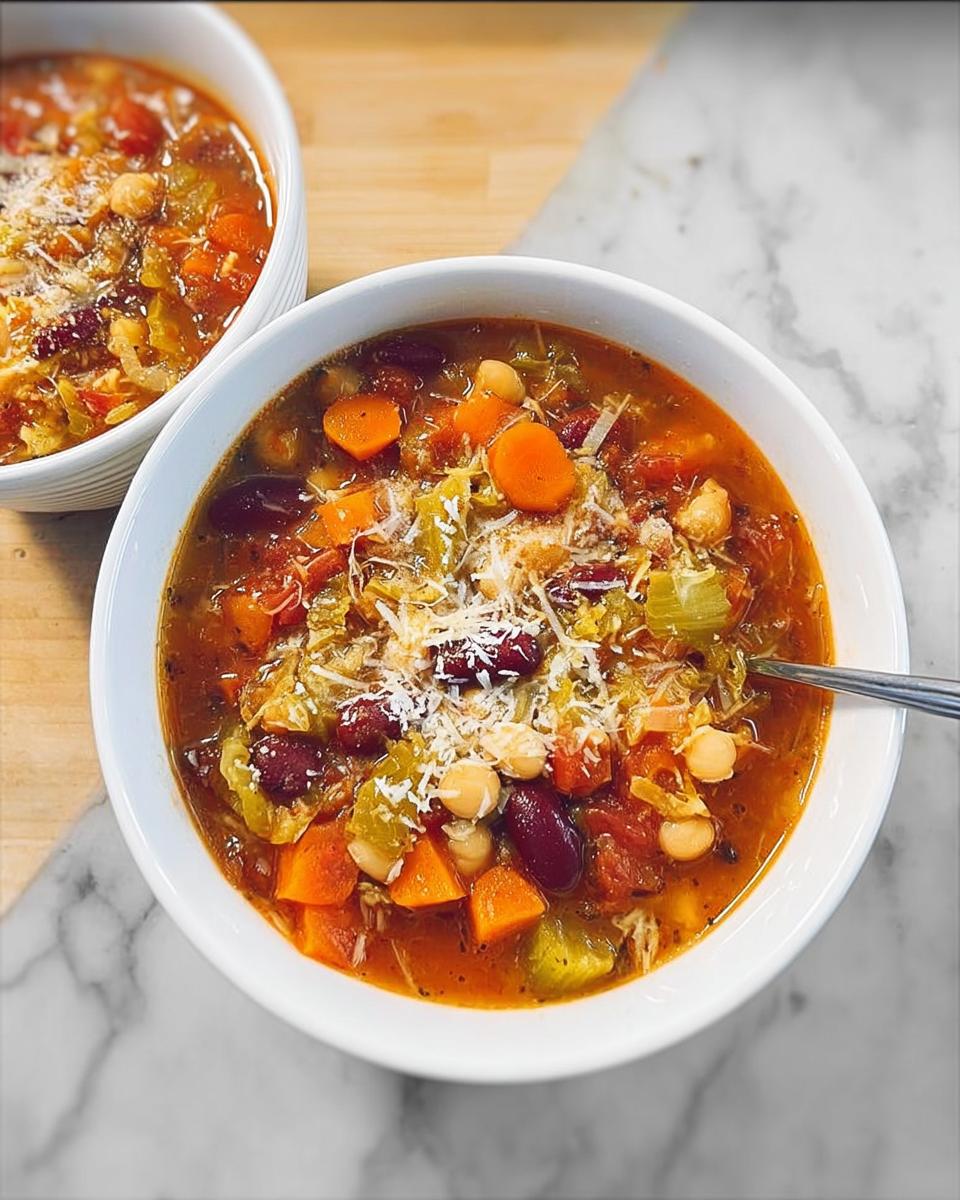 A close-up shot of a bowl of hearty vegetable soup, filled with carrots, beans, chickpeas, and topped with shredded cheese.