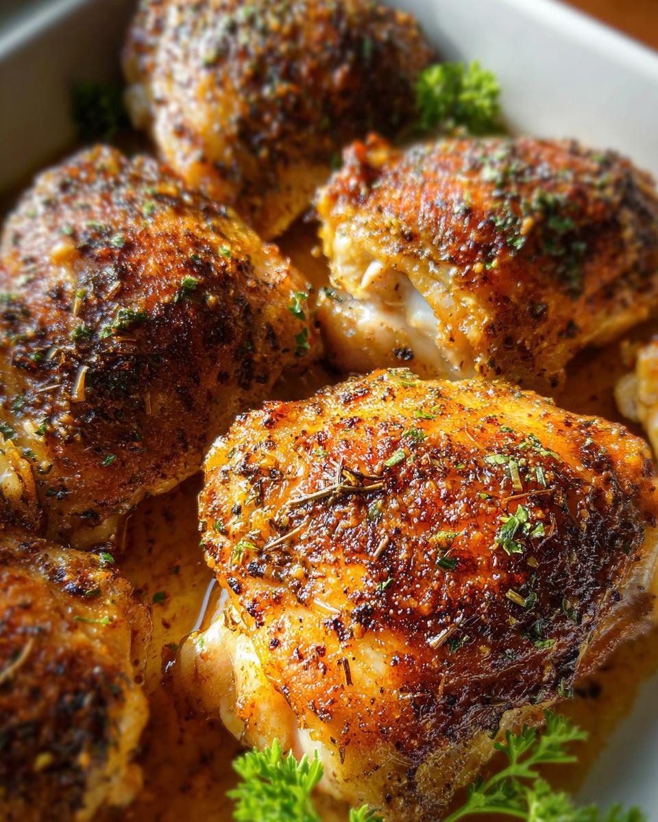 Close-up of golden-brown, herb-crusted chicken thighs, ready for delicious chicken thigh recipes.