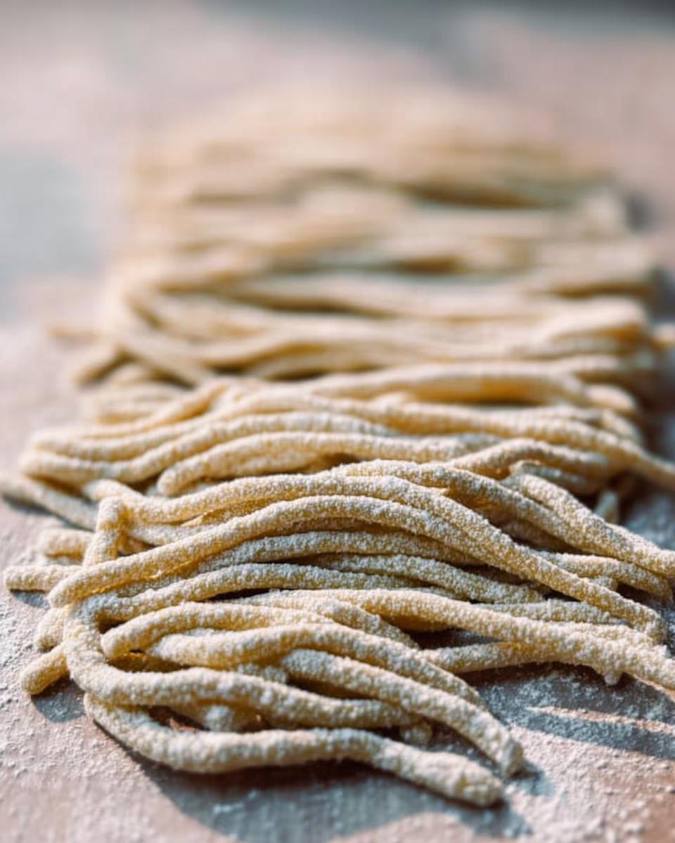 Close-up of freshly made pasta strands, dusted with flour, ready for pasta recipes.