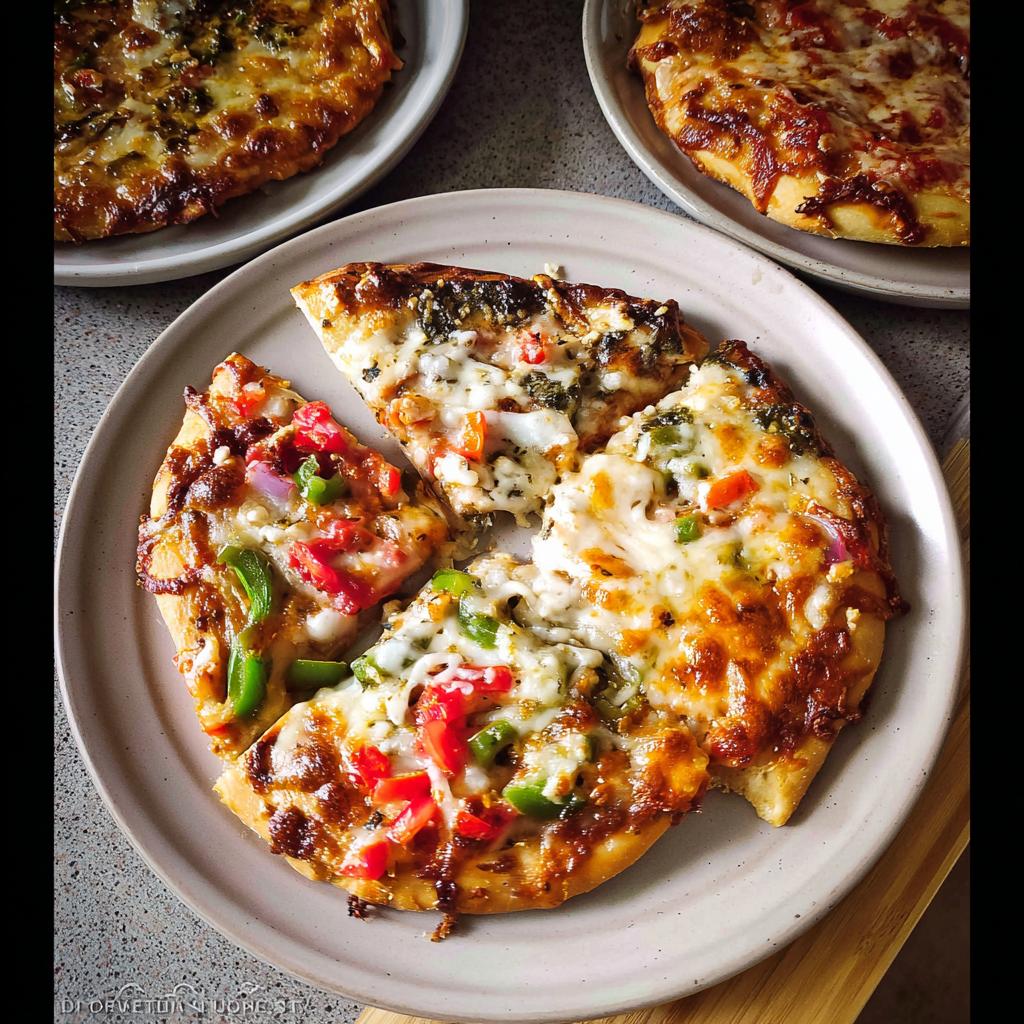 A plate of freshly baked homemade pizza with colorful bell peppers, onions, and melted cheese, perfect for pizza night.
