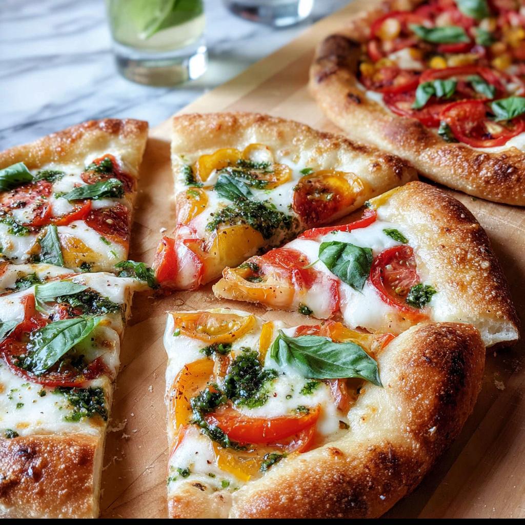 Close-up of freshly baked pizza slices with tomatoes, mozzarella, and basil, perfect for pizza night recipes.
