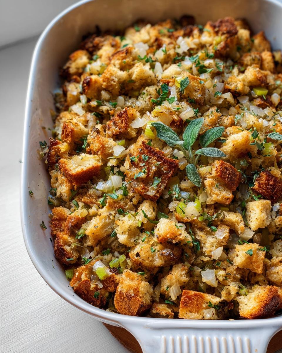 Close-up of a white baking dish filled with golden-brown homemade stuffing, garnished with fresh herbs.
