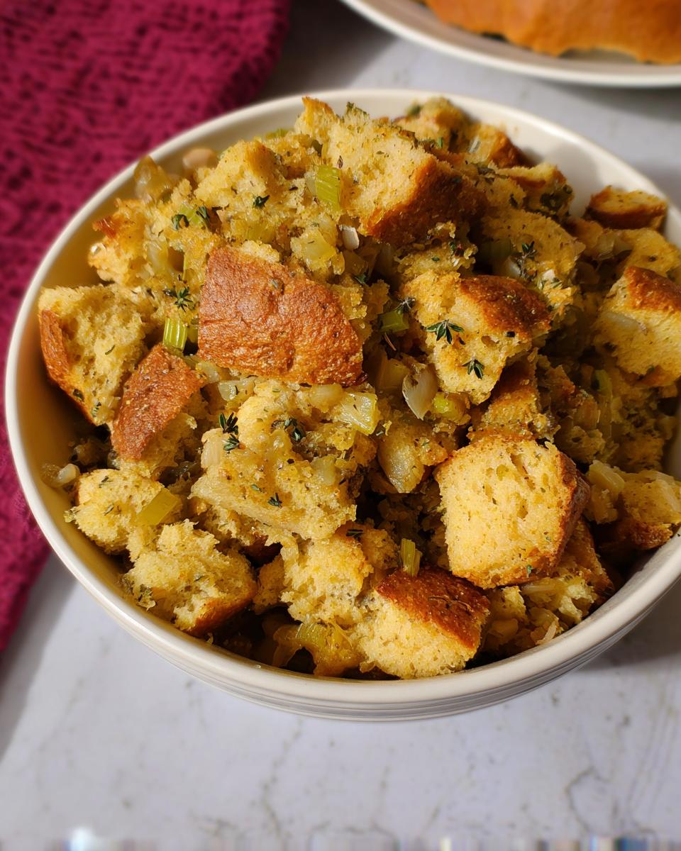 A close-up of a bowl filled with delicious homemade stuffing, featuring bread cubes, celery, and herbs.