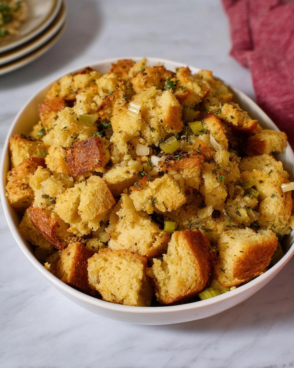 Close-up of a bowl filled with homemade stuffing, featuring golden bread cubes, celery, and herbs.