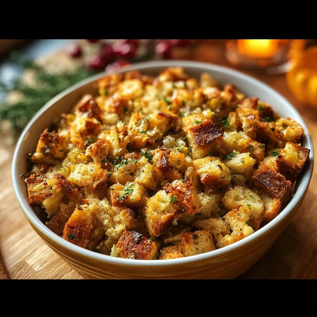 Close-up of a golden-brown, homemade stuffing recipe in a bowl, garnished with herbs.