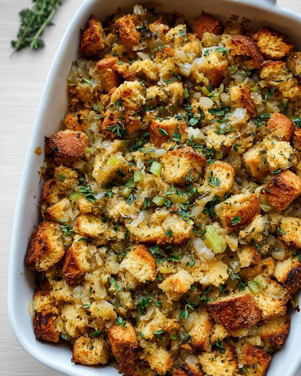 Close-up of a white baking dish filled with homemade stuffing, featuring toasted bread cubes, onions, celery, and fresh herbs.