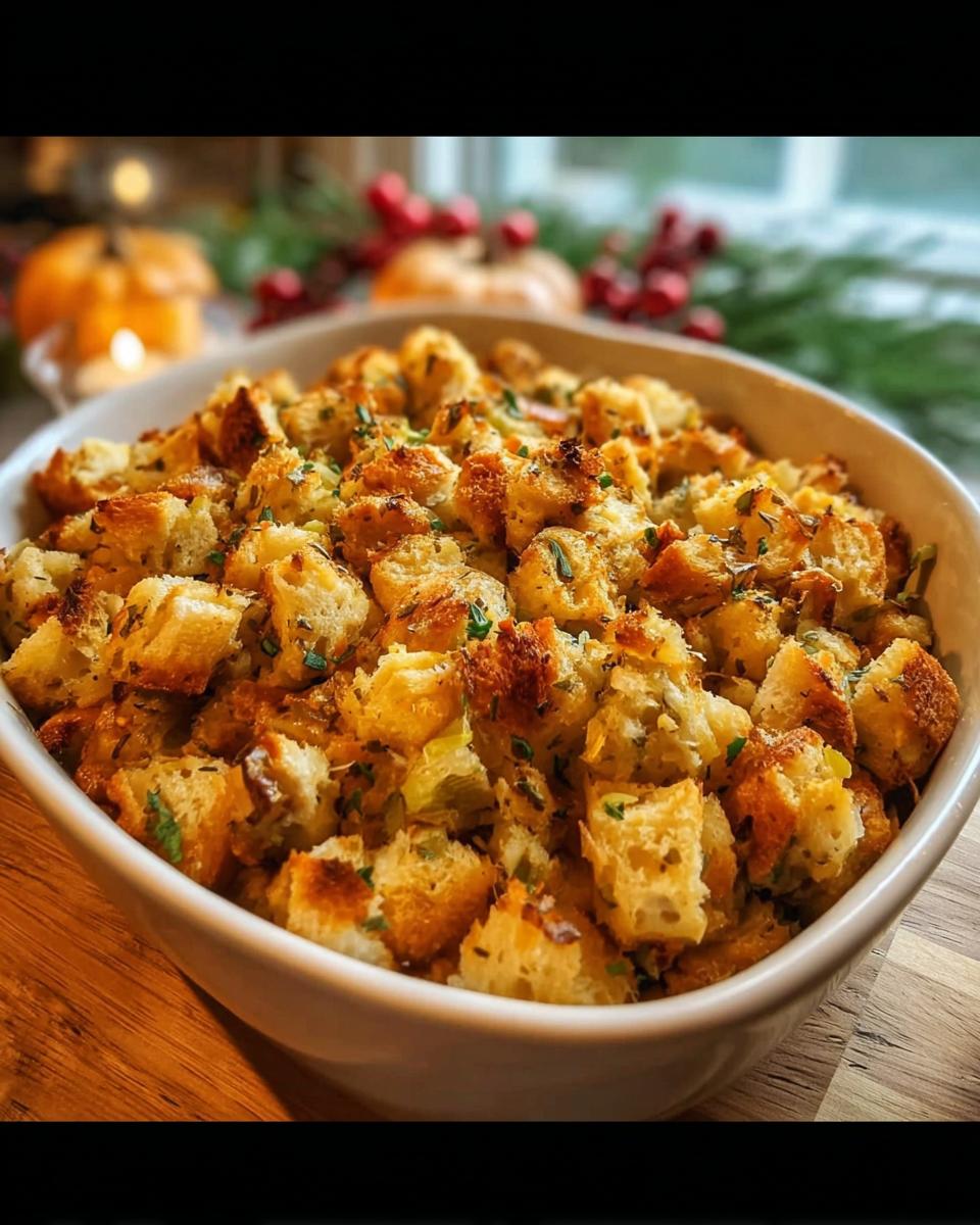 A close-up of a white bowl filled with golden-brown homemade stuffing, garnished with herbs.