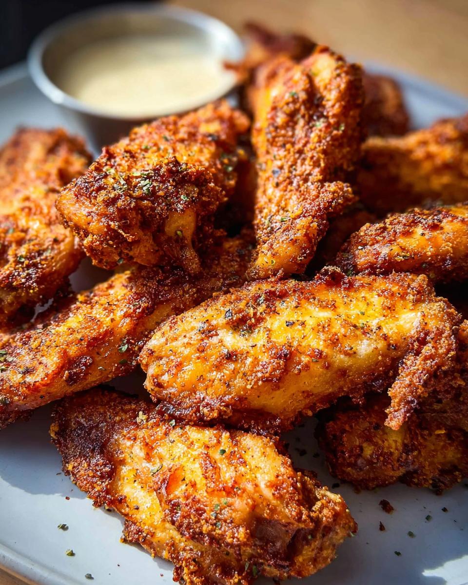 Close-up of a plate of perfectly cooked, crispy chicken wings with a golden-brown crust, seasoned with herbs.