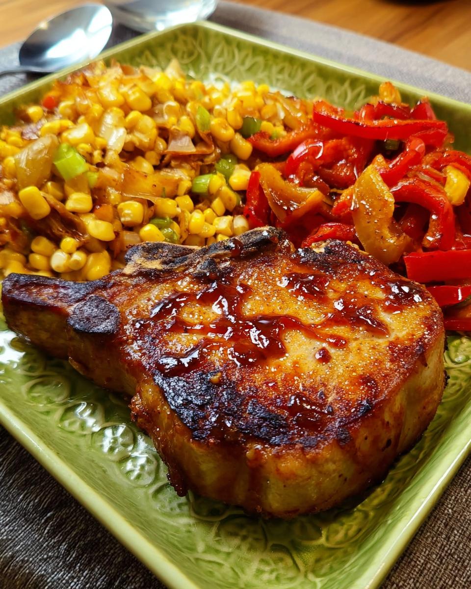 A perfectly cooked, glazed pork chop served with corn and bell peppers, showcasing how to make pork chops.