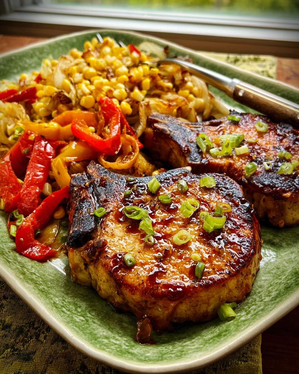 Two juicy pork chops served with corn and bell peppers, a delicious recipe on how to make pork chops.