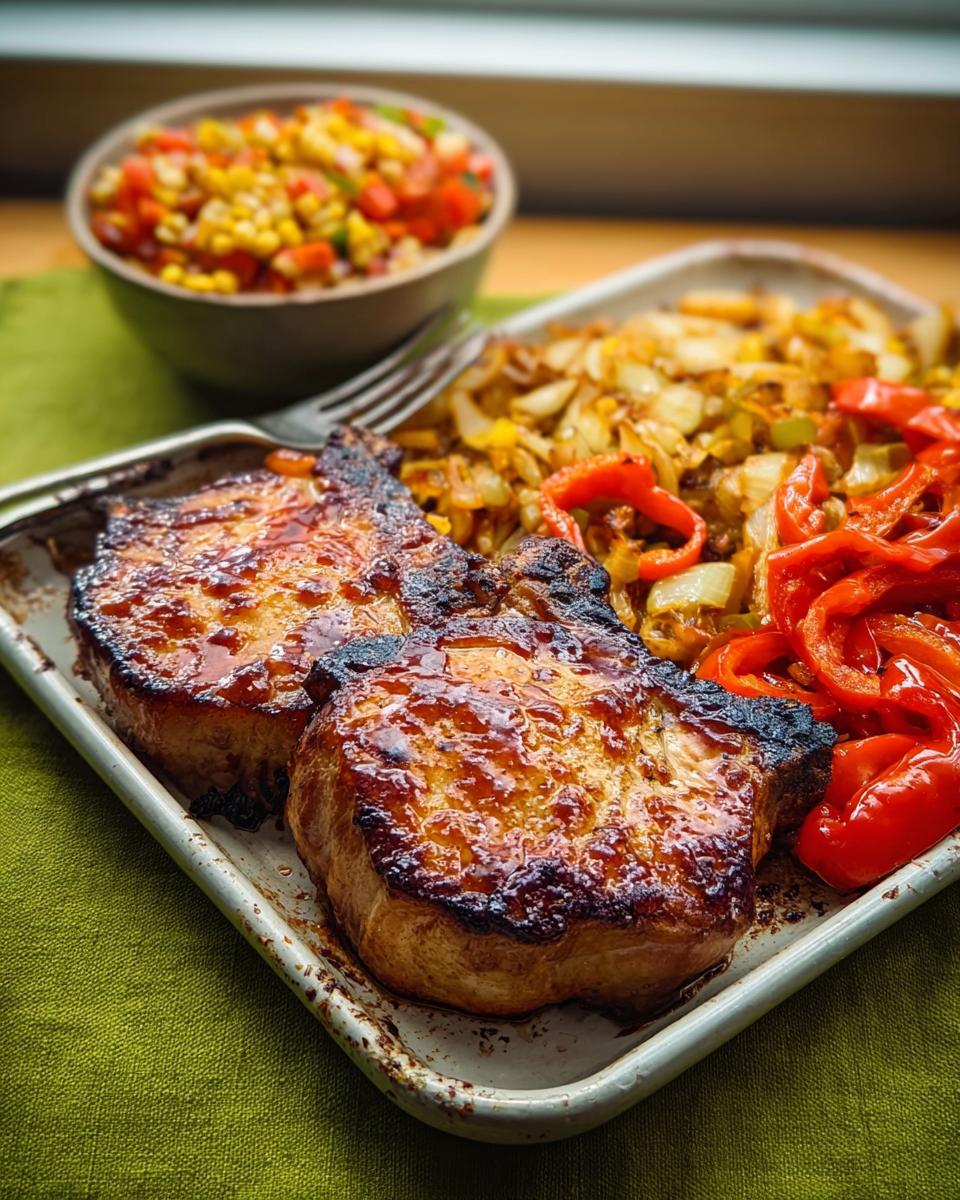 Two perfectly cooked pork chops with a glossy glaze, served with roasted vegetables and a side of corn salsa. Learn how to make pork chops recipes like a pro.