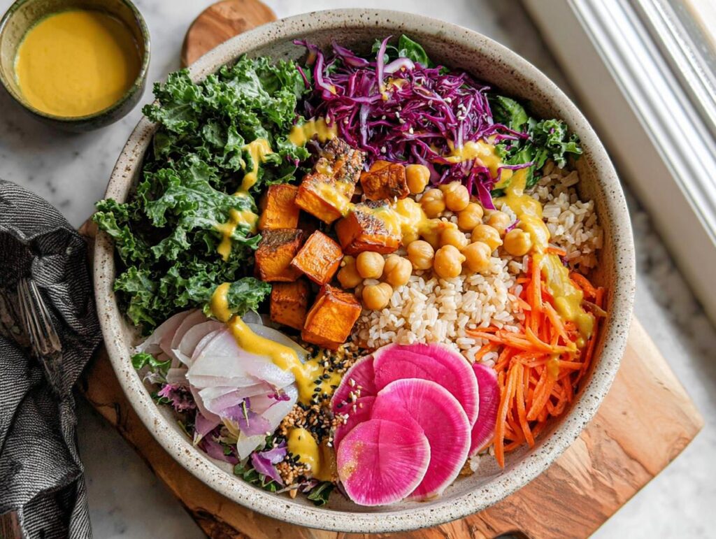 A vibrant and healthy rice bowl with brown rice, kale, roasted sweet potatoes, chickpeas, shredded carrots, red cabbage, and radish slices, drizzled with a yellow dressing.