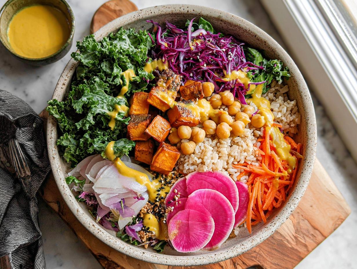 A vibrant and healthy rice bowl with brown rice, kale, roasted sweet potatoes, chickpeas, shredded carrots, red cabbage, and radish slices, drizzled with a yellow dressing.