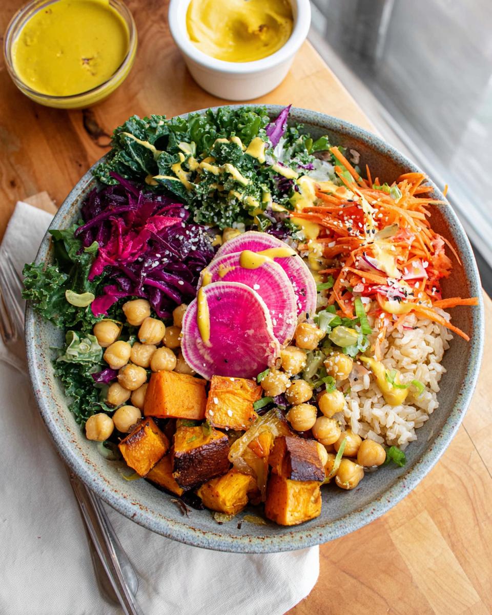 A vibrant and healthy rice bowl recipe filled with brown rice, chickpeas, roasted sweet potatoes, shredded carrots, red cabbage, kale, and radish slices.